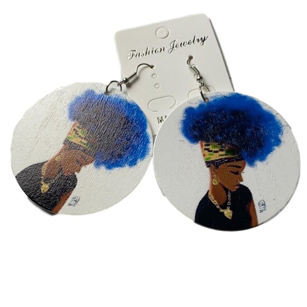 Wooden hand painted round drop earrings